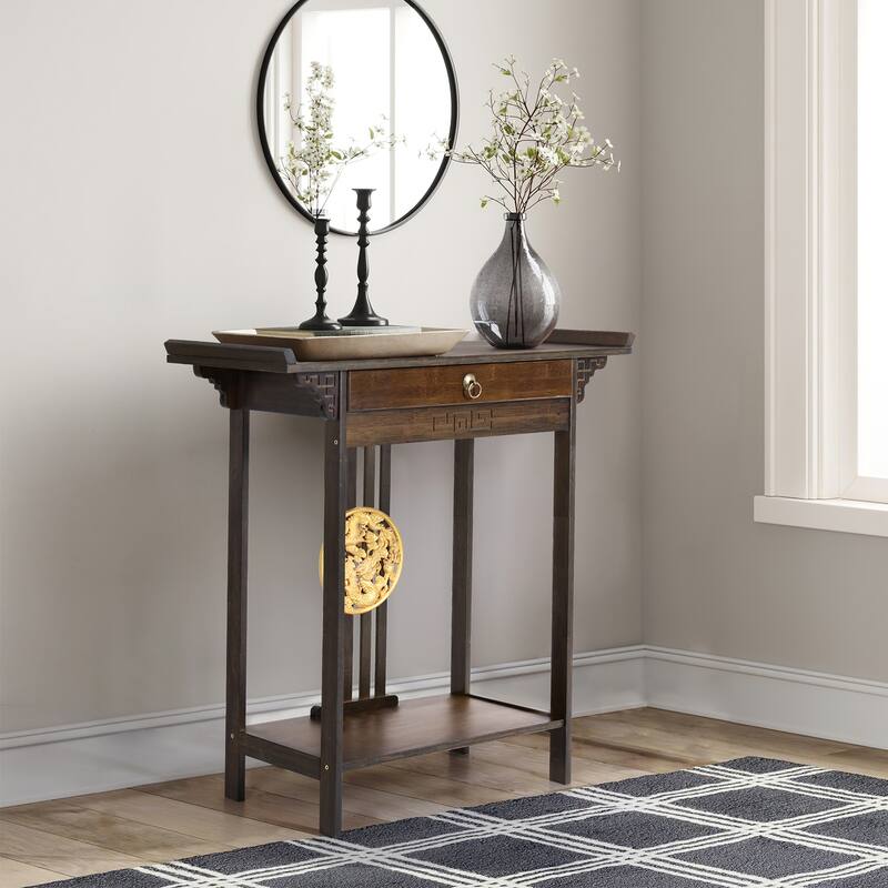 Gold Relief Dragon Totem Brown Console Table Entryway Table with Drawer and Bottom Shelf - 32.09x12.6x32.28''