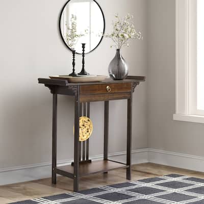 Gold Relief Dragon Totem Brown Console Table Entryway Table with Drawer and Bottom Shelf - 32.09x12.6x32.28''