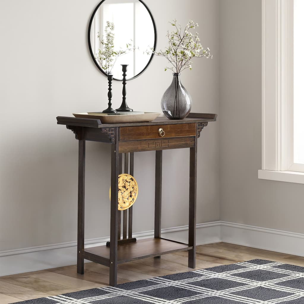 Gold Relief Dragon Totem Brown Console Table Entryway Table with Drawer and Bottom Shelf - 32.09x12.6x32.28''