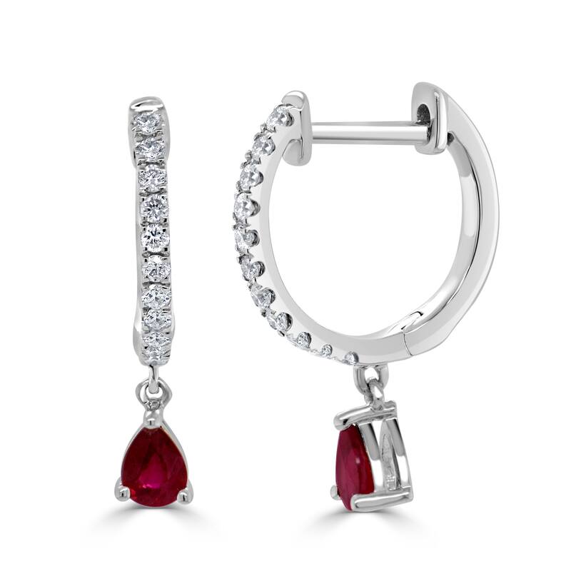 Joelle Collection Gemstone & Diamond Dangle Hoop Earrings 14K Gold Birthstone - Red - Ruby - White