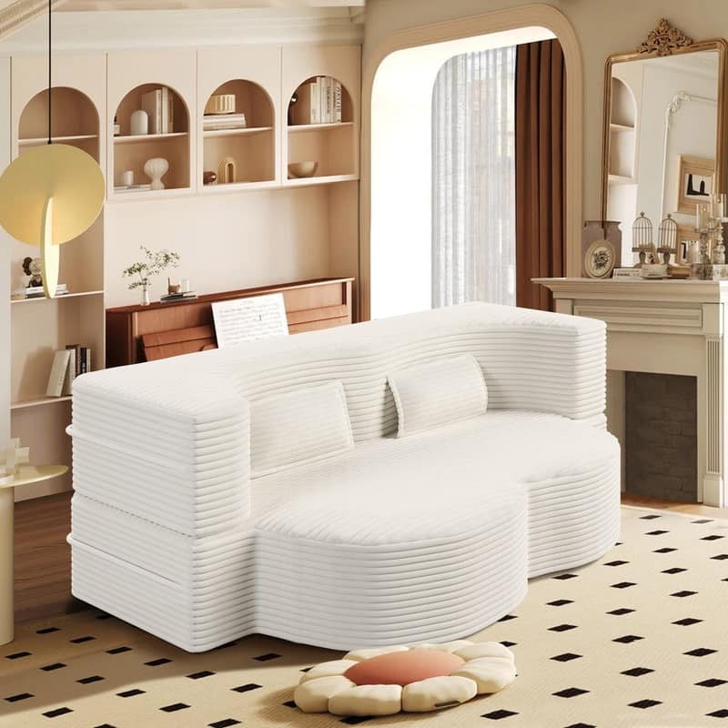 Modern 78" Full Size Convertible Corduroy Foam-Filled Sleeper Sofa,Modern Floor Sofa with 2 Pillows