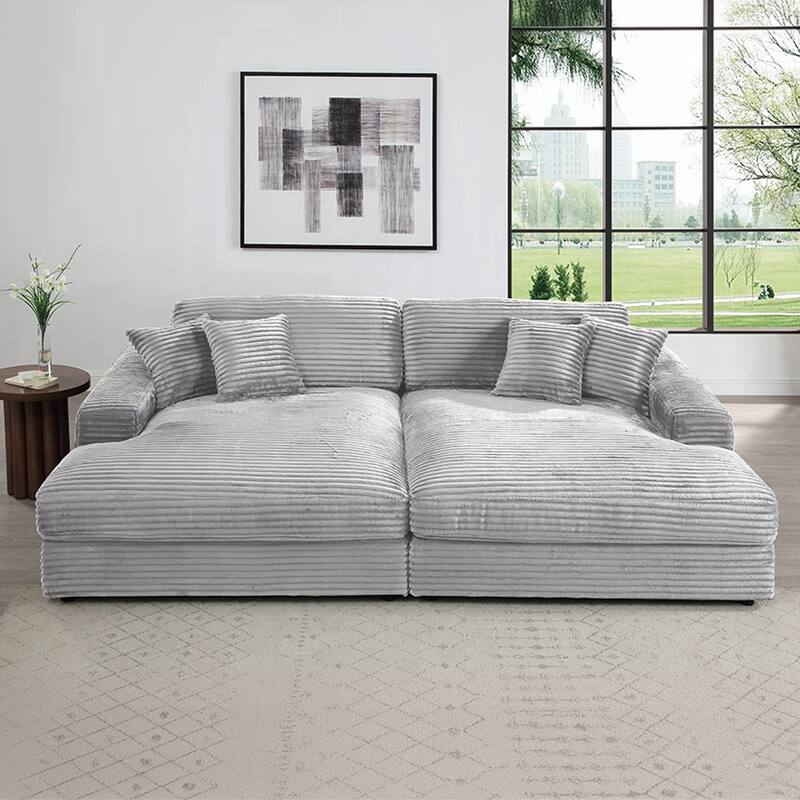 Corduroy Fabric Upholstered Sectional Sofa with 4 Pillows