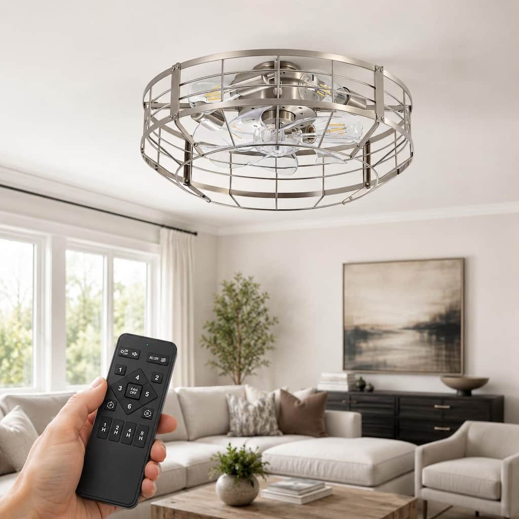 20" Caged Ceiling Fan with Light, 4 E26 Bulb Base, 6-Speed Quiet DC Motor, Reversible, Remote Control