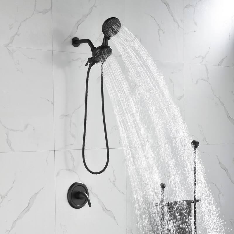Wall Mount Shower Faucet with Rough-in Valve Brass Matte Black Dual Head Shower System with Hand Shower