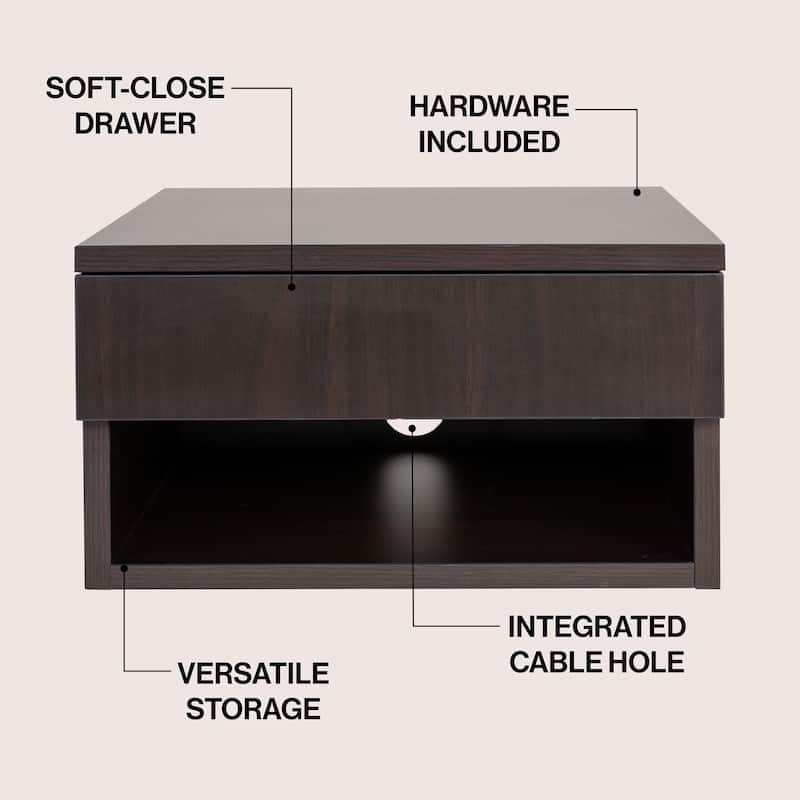 JONATHAN Y Celerie 15.71" Mid-Century Modern Floating Wall Mounted Nightstand with Soft-Close Drawer and Cable Hole