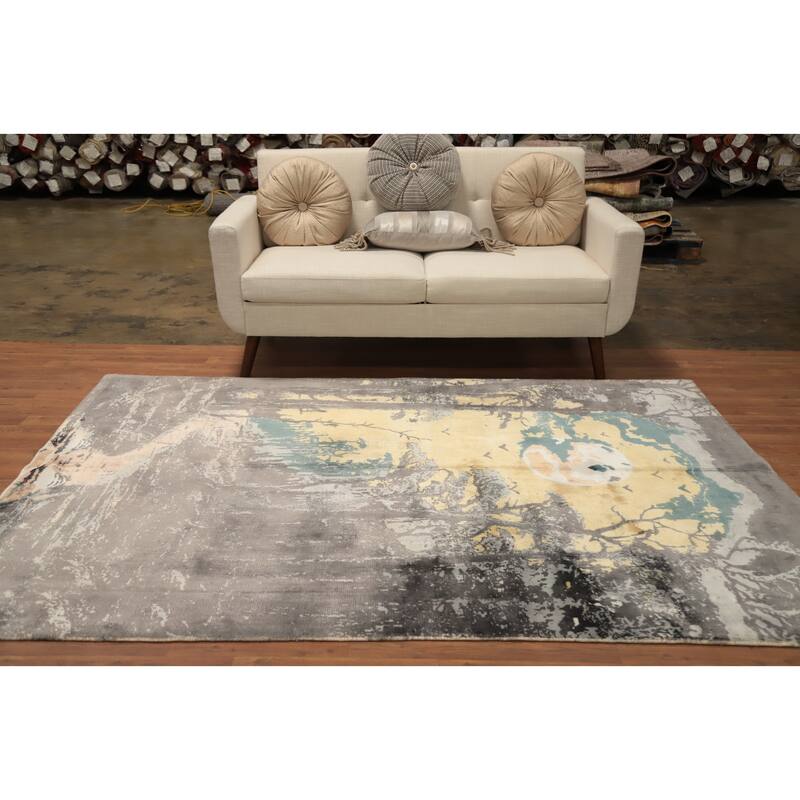 Hand Knotted Oriental Viscose Silk Carpet Modern Pictorial Greys & Charcoal Abstract Area Rug - 7' 9'' X 5' 6''