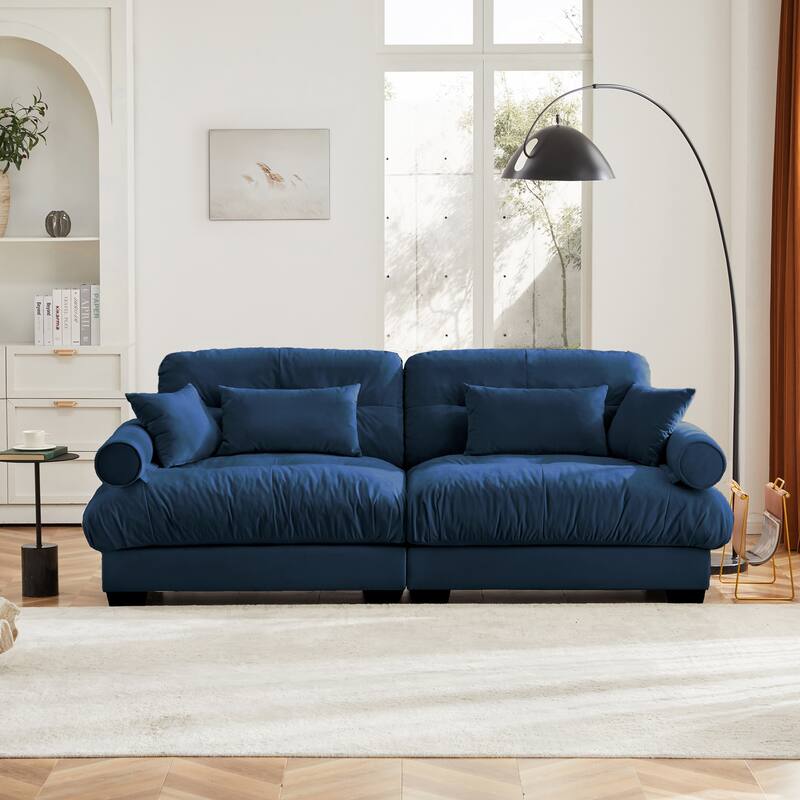 Modern Sectional Couch Comfortable Upholstered Sofa Set with Lumbar Pillow and Throw Pillow for Living Room - 2 Seats - Blue