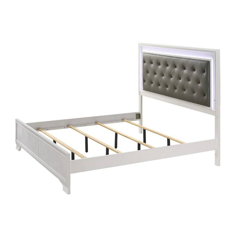 Lise King Size Bed, Gray Fabric Upholstery, LED Lit, Modern White Wood