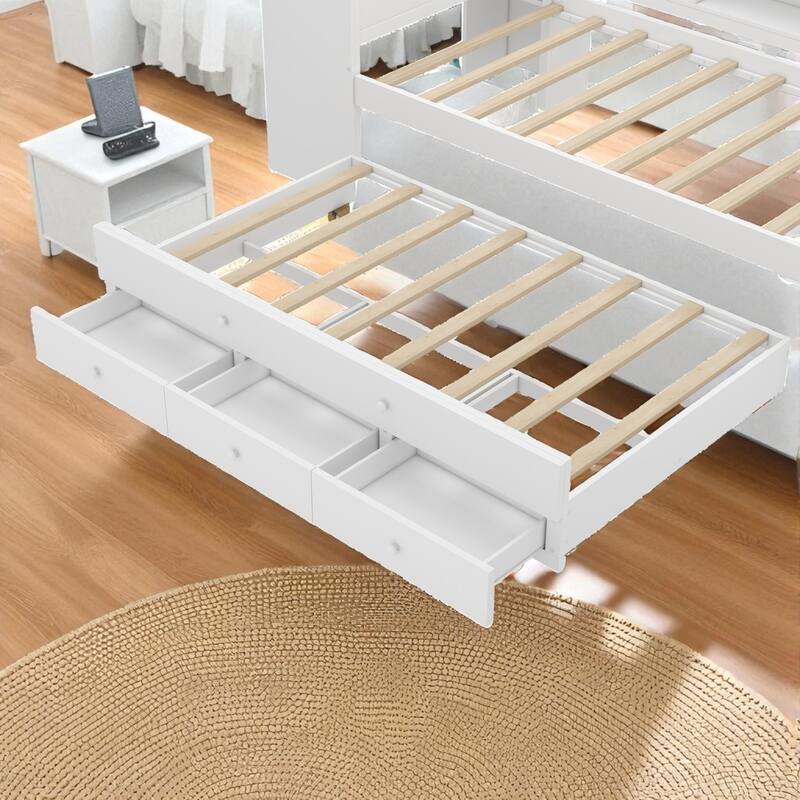 Twin/Full Size Wood Daybed with Trundle, Storage Drawers, Shelves and Built-in Desk, No Box Spring Needed