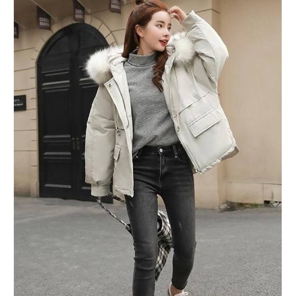 Shop Womens Winter Short Puffy Coat With Hood Off White L