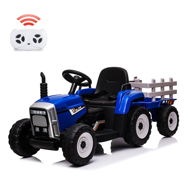 12V Kids Electric Tractor w/Remote Control Treaded Tires,Battery Powered Ride On Tractor with Trailer & 2+1-Gear-Shift - 25W - Blue