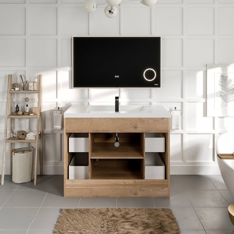 Eviva Lugano 42"W Natural Oak Modern Bath Vanity with WH Acrylic Top
