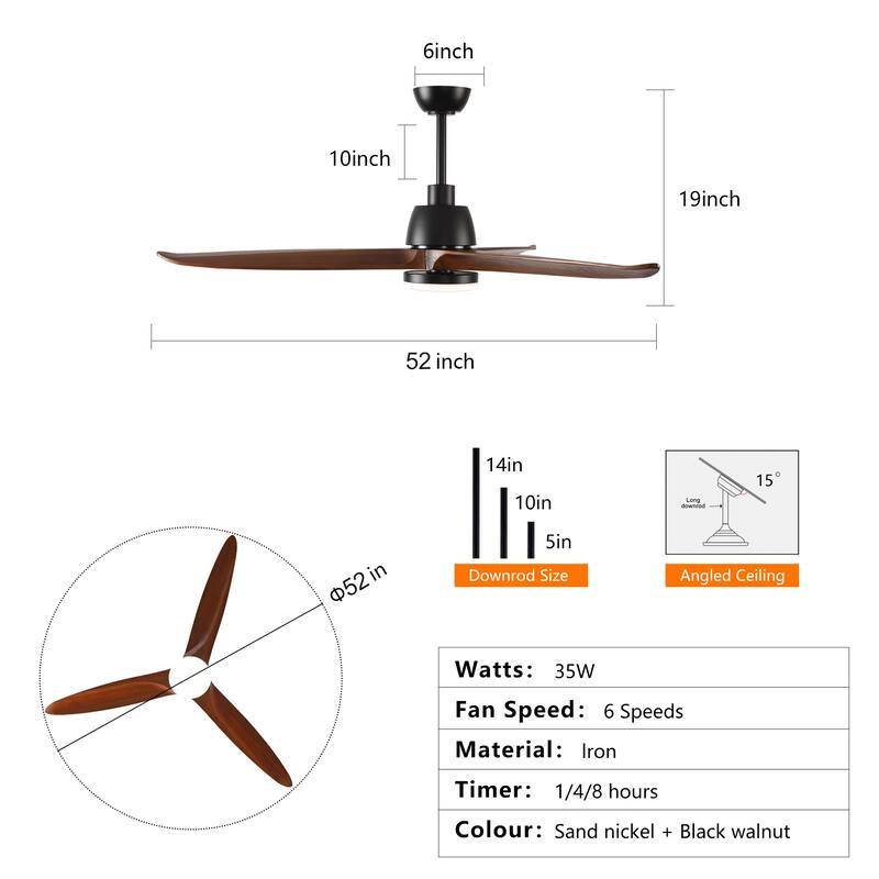 Hot sales 52 Inch Black Ceiling Fan With 3 Color Dimmable 5 Solide Wood Blades Remote Control Reversible DC Motor With Led Light