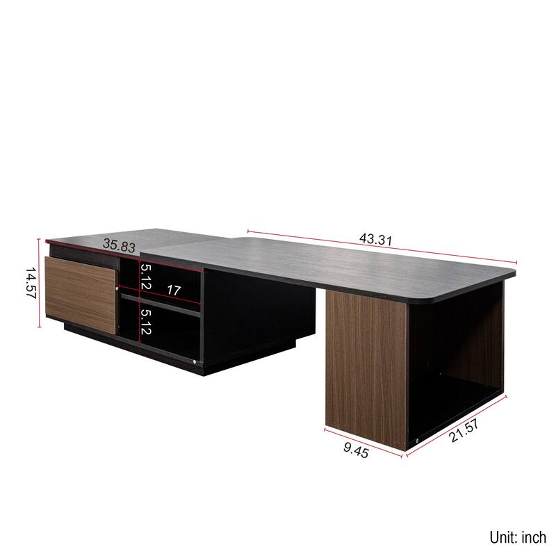 Storage Coffee Table, Length Adjustable Wood Coffee Table with 2 Drawers for Living Room, Large Rectangular Center Table