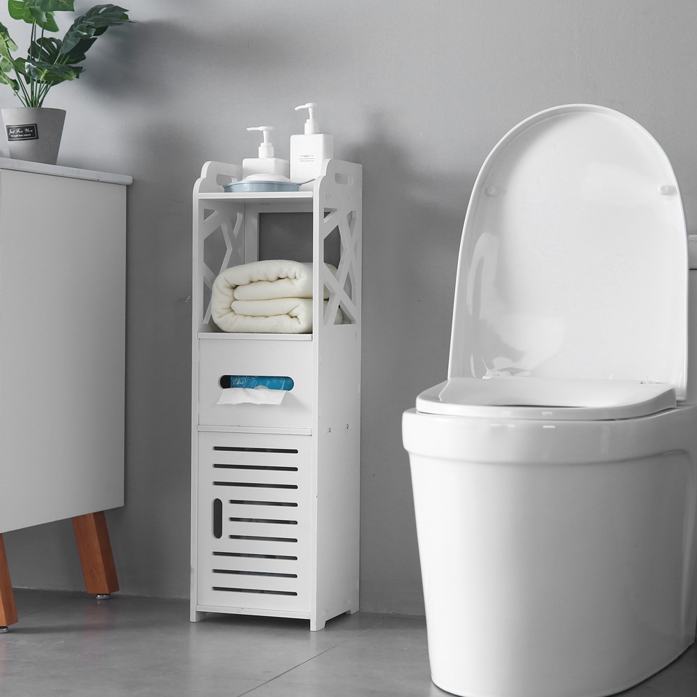 Ssline Floor Stand Utility Cabinet Modern White Bathroom Storage Cupboard Free Standing Compact Toilet Side Shelf Organizer Kitchen Accent Cabinet Chest Storage Organization Toilet Paper Storage Containers The top and bottom are glued and screwed.