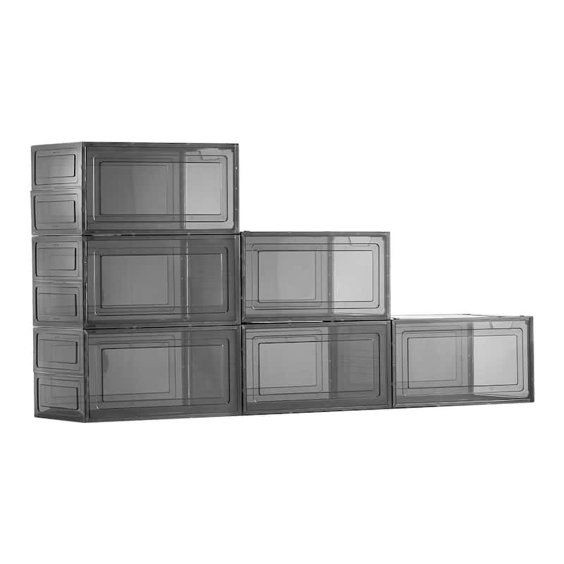 Stackable Shoe Storage Boxes Size 13 with Magnetic Door - 6 pk - Transparent Black