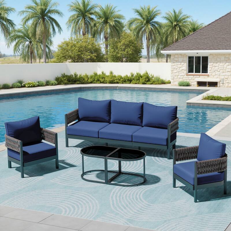 Kullavik 5-piece Aluminlum Frame Woven Rope Patio Sofa with Glass Table and Cushions - Navy Blue