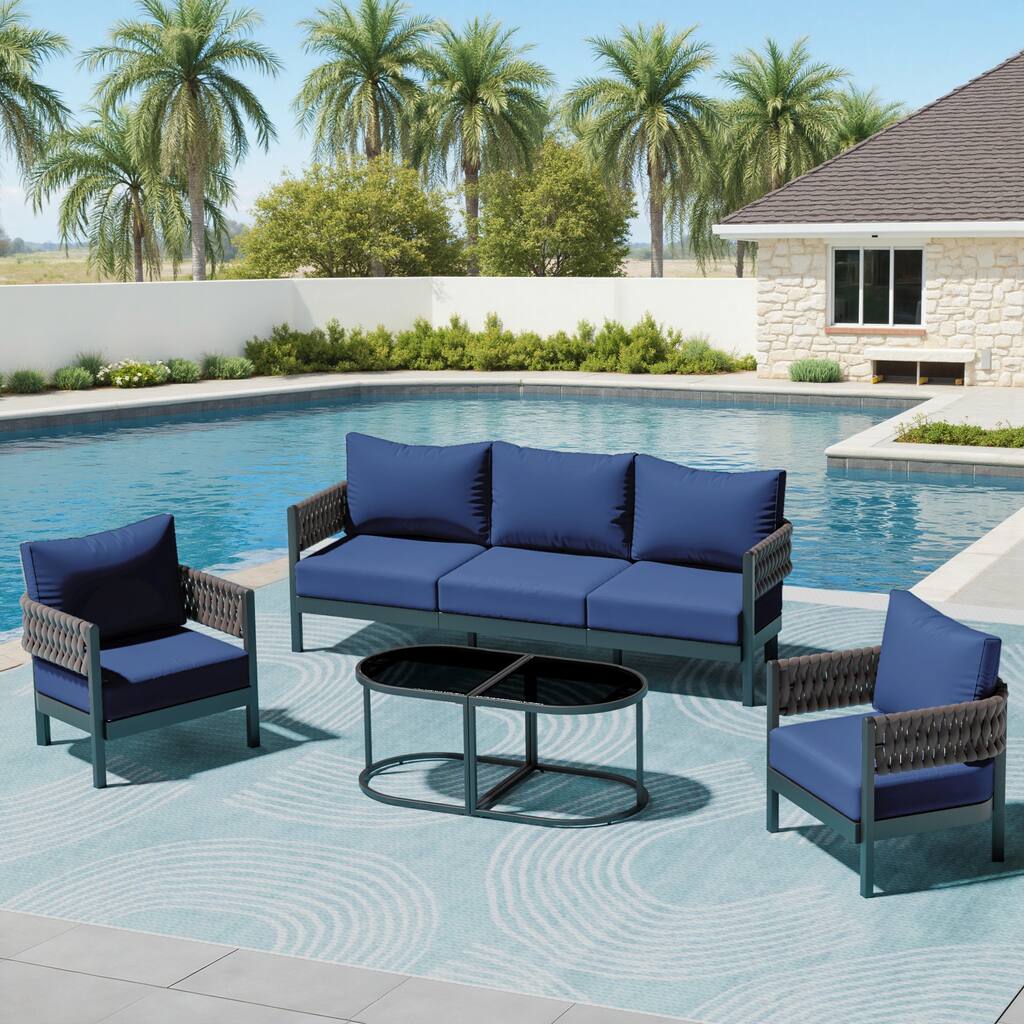 Kullavik 5-piece Aluminlum Frame Woven Rope Patio Sofa with Glass Table and Cushions