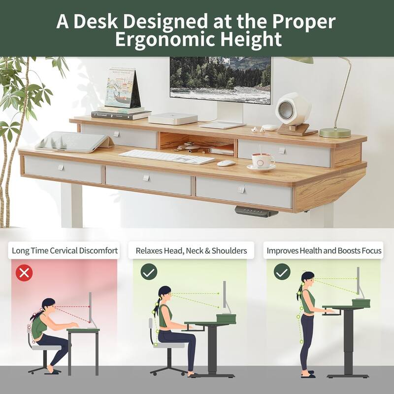 FEZIBO Height Adjustable Electric Standing Desk with 5 Drawers, Table with Storage Shelf, Sit Stand Desk