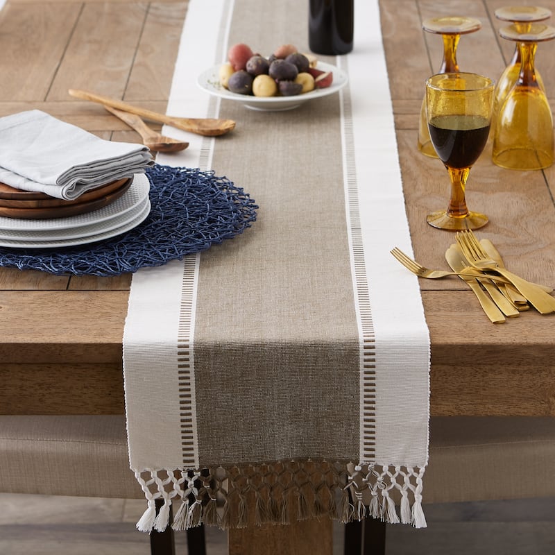DII Dobby Striped Fringe Ribbed Table Runner - 13x108" - Brown