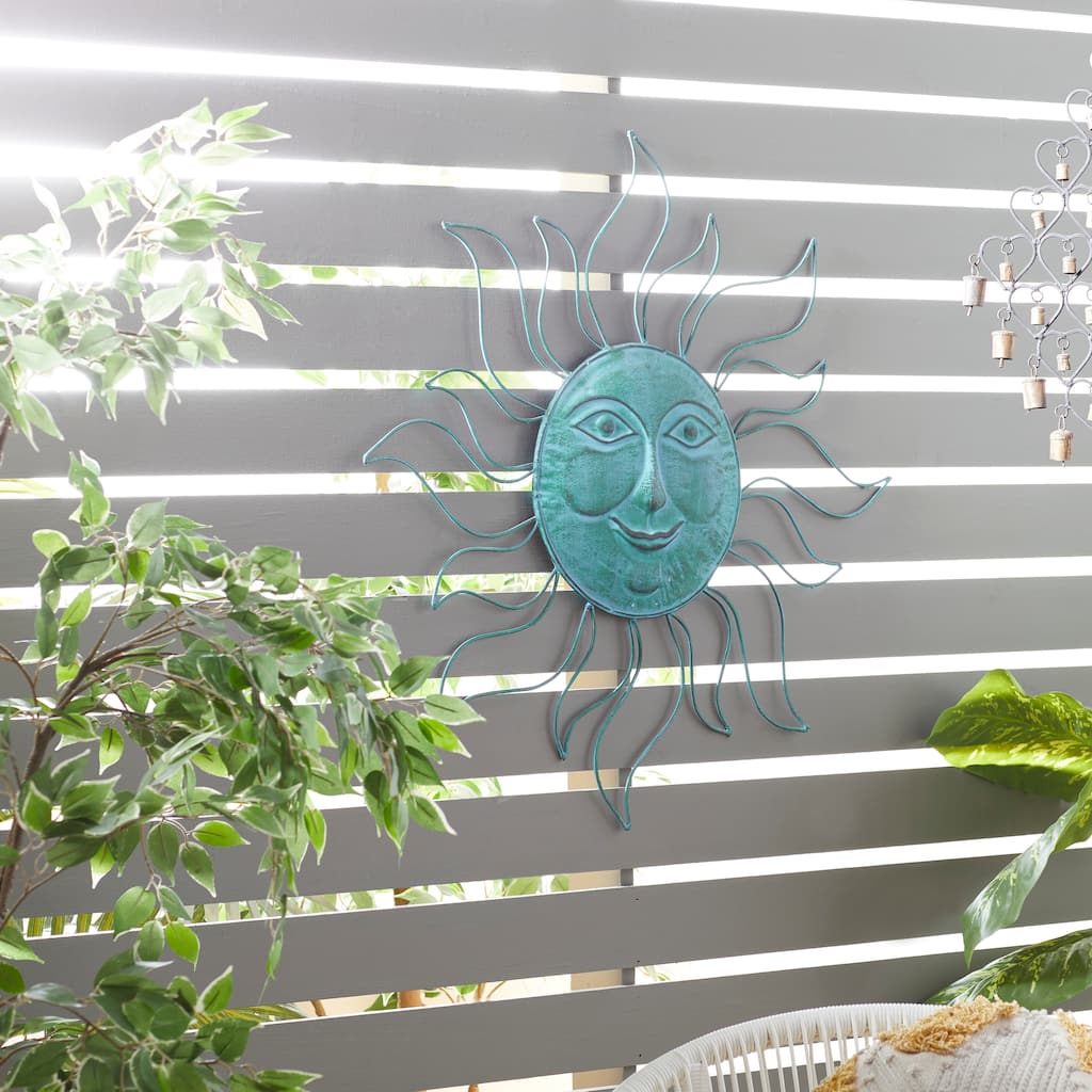 Teal Metal Indoor Outdoor Sun Home Wall Decor with Wire Frame