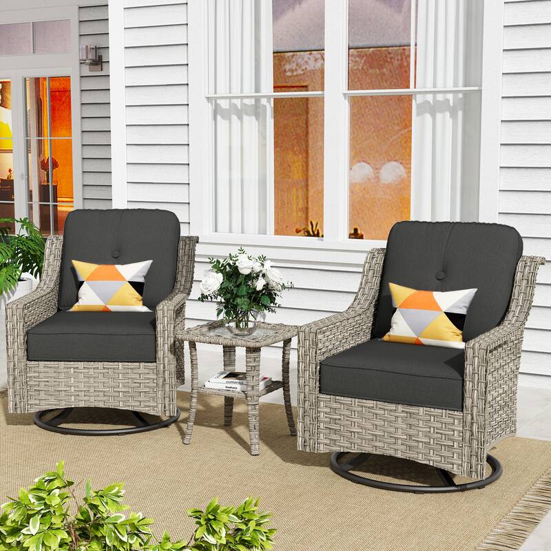 XIZZI 3-Piece Swivel Rocking Chair Rattan Wicker Outdoor Patio Furniture Bistro Set - Black