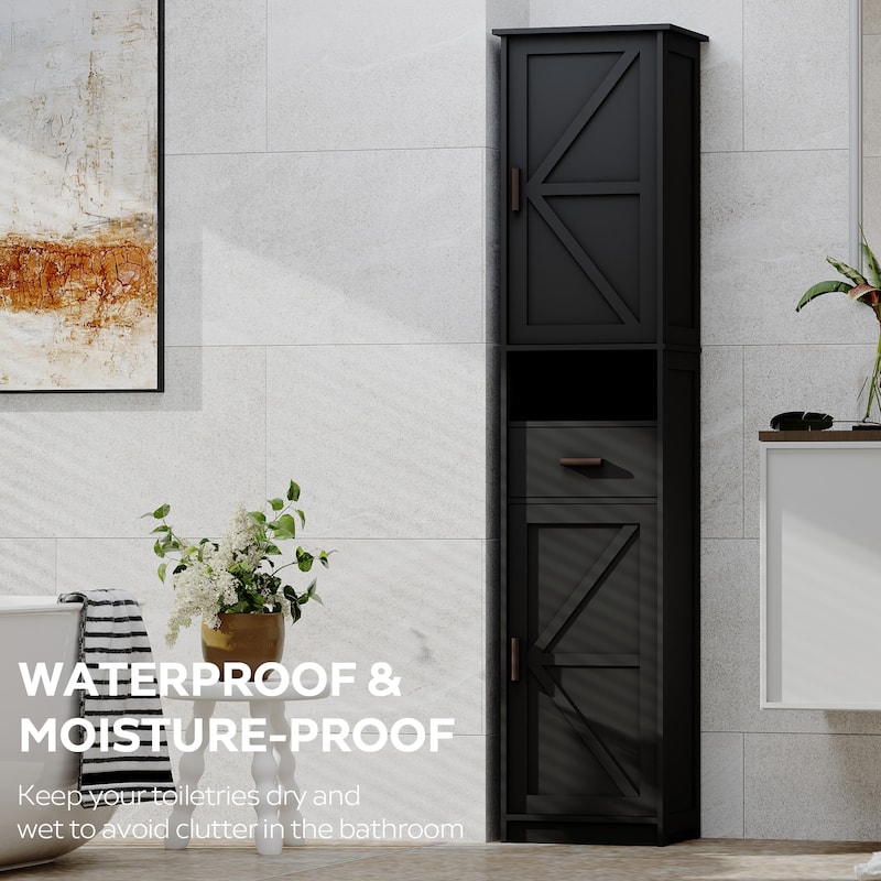 69"H Tall Bathroom Cabinet with Adjustable Shelves, 2 Barn Doors & 1 Drawer