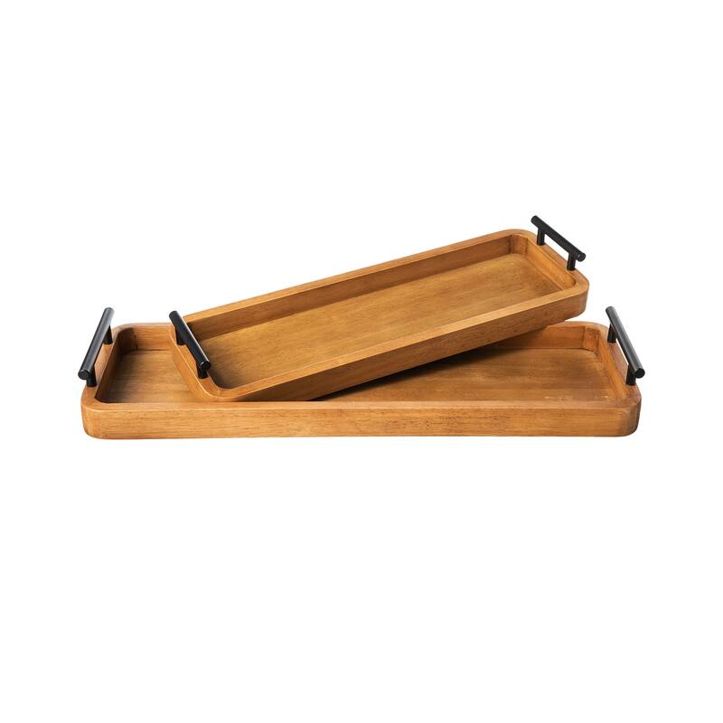 Glitzhome Set of 2 Rectangle Antique Wood Decorative Trays with Metal Handles