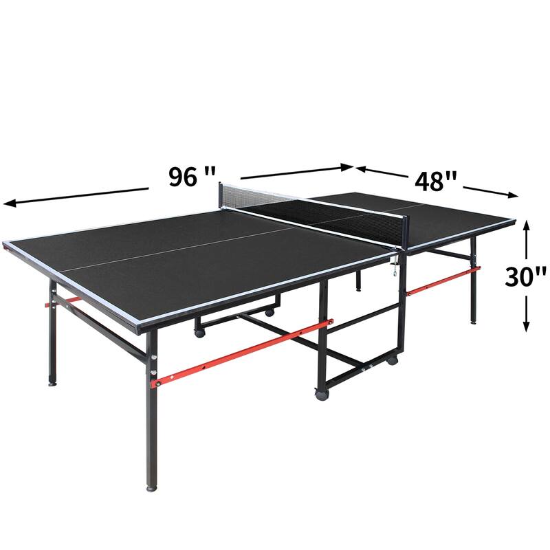 8ft Black Mid-Size Table Tennis Table Foldable & Portable Ping Pong Table Set with Net, 2 Table Tennis Paddles and 3 Balls