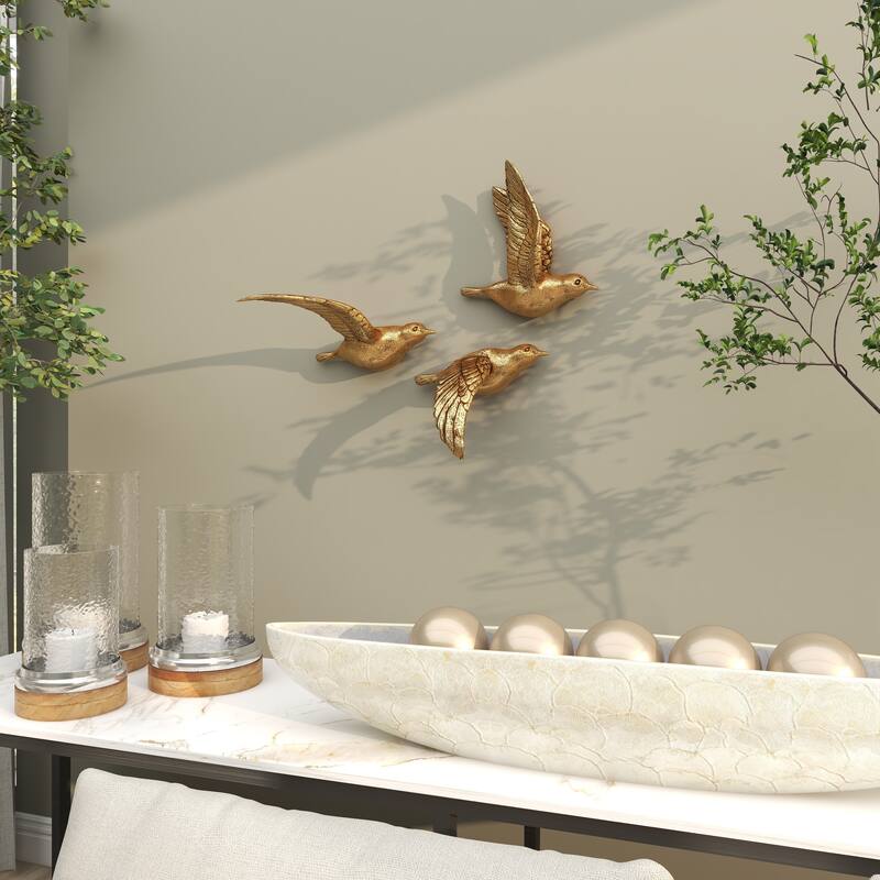 Polystone Bird Distressed 3D Floating Home Wall Decor - Set of 3 Dark Brown, Silver, Gold - Roche River Decor