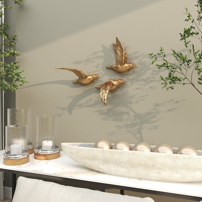Polystone Weathered 3D Floating Bird Wall Decor (Set of 3) - Dark Brown, Gold, Silver