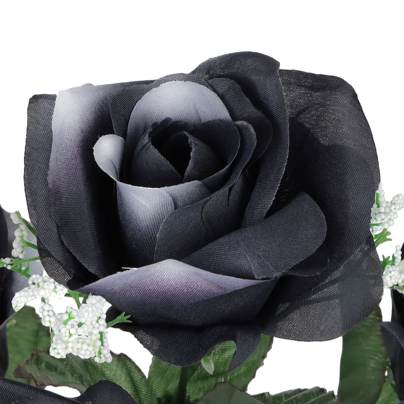 Set of 12 Black White Artificial Open Rose Flower Stem Bush Bouquet 14in - 14" L x 7" W x 7" DP