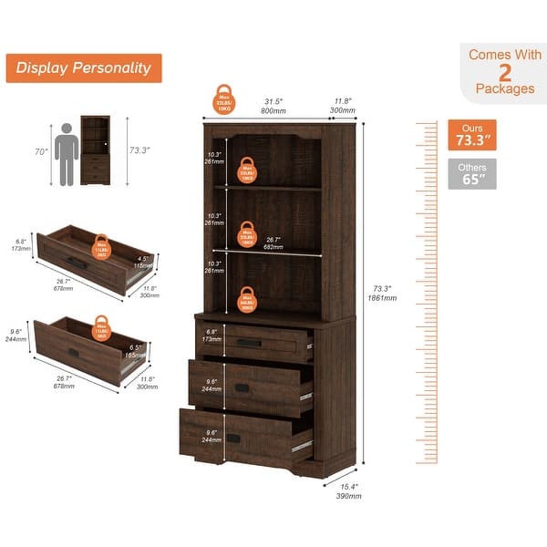 dimension image slide 4 of 9, 3 Tier Bookcase with Drawer,73.3" Tall Floor Standing Bookshelf