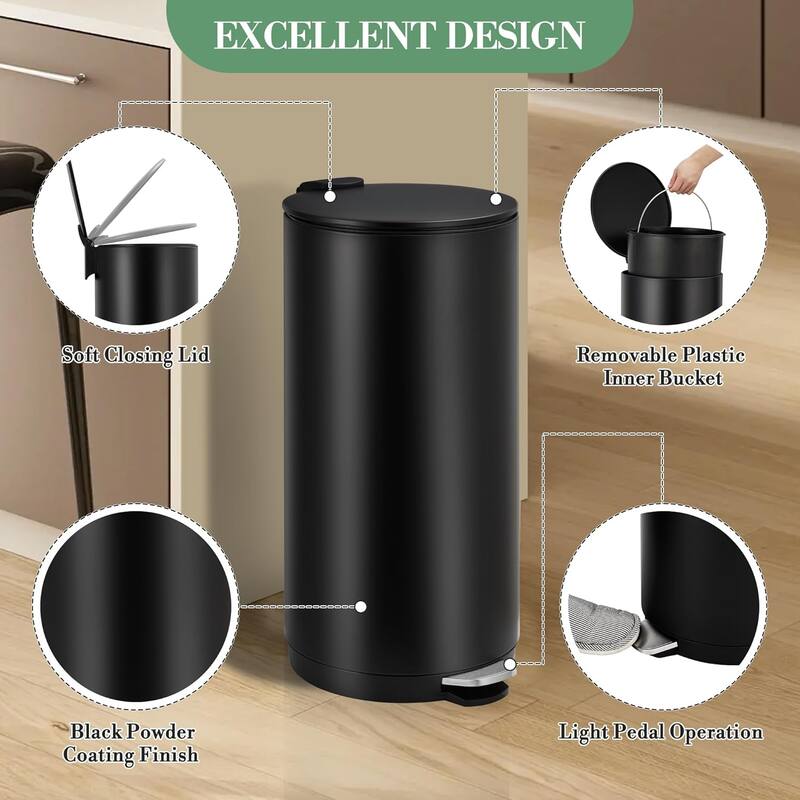 8 Gallon (30L) Step Trash Can, Round Bathroom Garbage Can with Lid and Foot Pedal