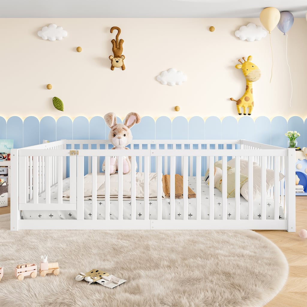Queen Size Bed Floor Bed with Safety Guardrails and Door for Kids