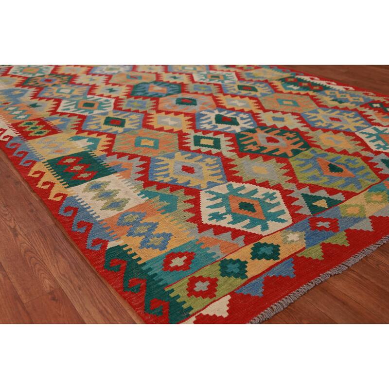 Hand Woven Oriental 100% Wool Carpet Southwestern Geometric Multi-Colored Kilim Area Rug - 8' 5'' X 5' 10''
