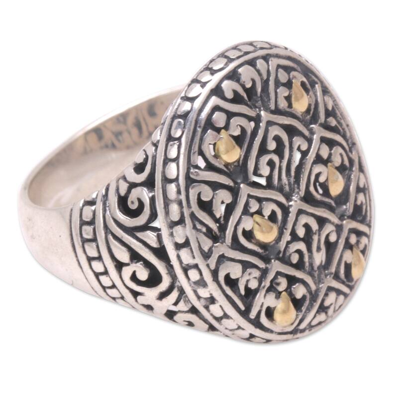 Novica Handmade Rice Terrace Gold-Accented Signet Ring - Silver