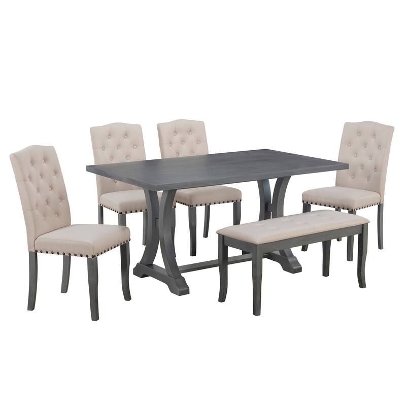 6 Piece Dining Table Chair Set, Wooden Kitchen Furniture Set with Rectangular Table, 4 Upholstered Chairs and Bench