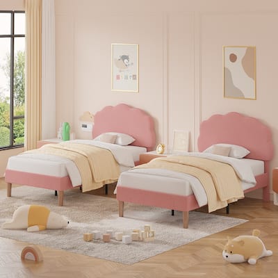 2 Pack Twin Size Upholstered Platform Bed Frame with Adjustable Headboard, Teddy Fleece, No Box Spring Required