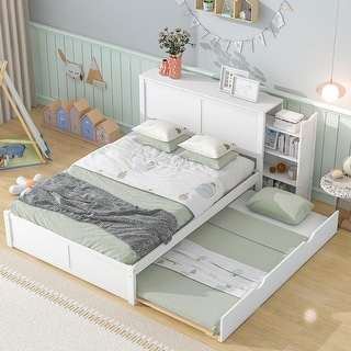 Full Size Storage Platform Bed with Trundle and Pull Out Shelves, White
