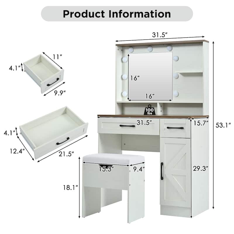 Farmhouse Makeup Vanity Desk with Mirror and Lights, Vanity Set with Stool
