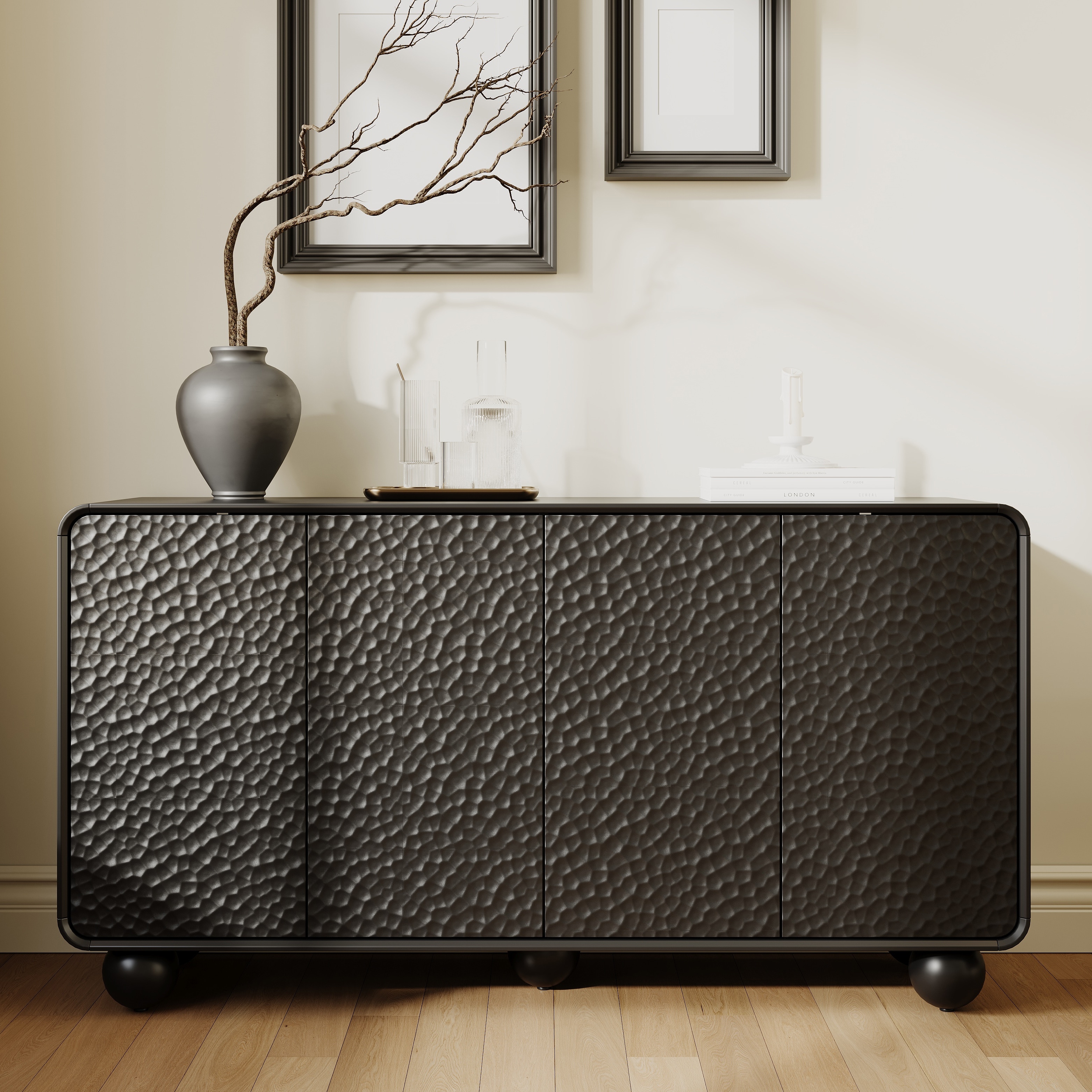 Sideboard Cabinet MDF with Honeycomb Textured Doors, Curved Profile Design & Sculptural Sphere Legs by GDFStudio