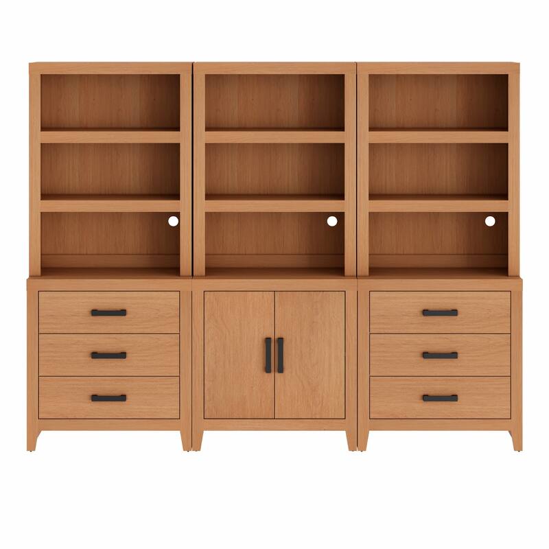 WAMPAT 74" 3-Piece Bookcase, Farmhouse Storage with Doors & Drawers