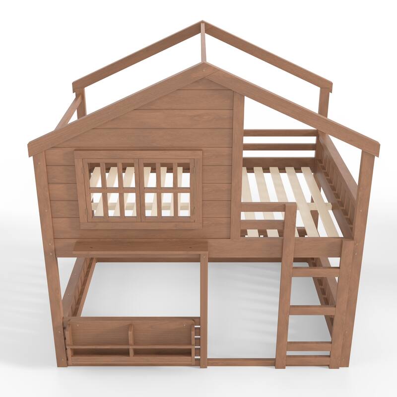 Fairytale House Bunk Bed Kids Loft Bed Frame with Bookshelf and Shelf