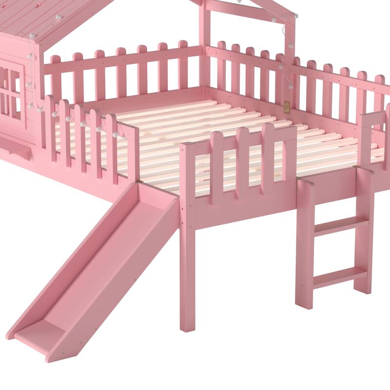 Full Size House Loft Bed with Slide,Playhouse Bed with Star Moon-shaped Designs and Window, Chic Design with LED Lights