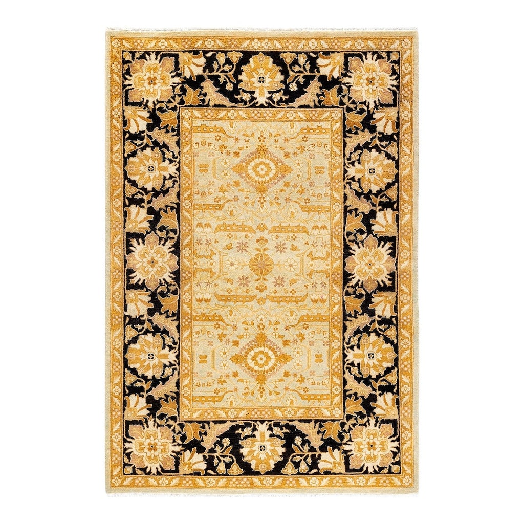 Overton Hand Knotted Wool Vintage Inspired Traditional Ottoman Yellow Area Rug - 4' 3" x 6' 4"