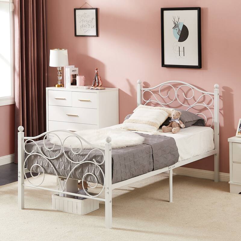 VECELO Metal Platform Bed Frame with Scroll Headboard, Twin/Full/Queen Size Beds