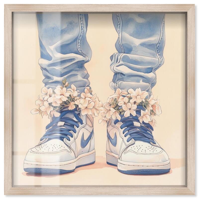 Gentle Blue Sneakers and Flowers Shadowbox by Art Remedy - Natural - 20" x 20"