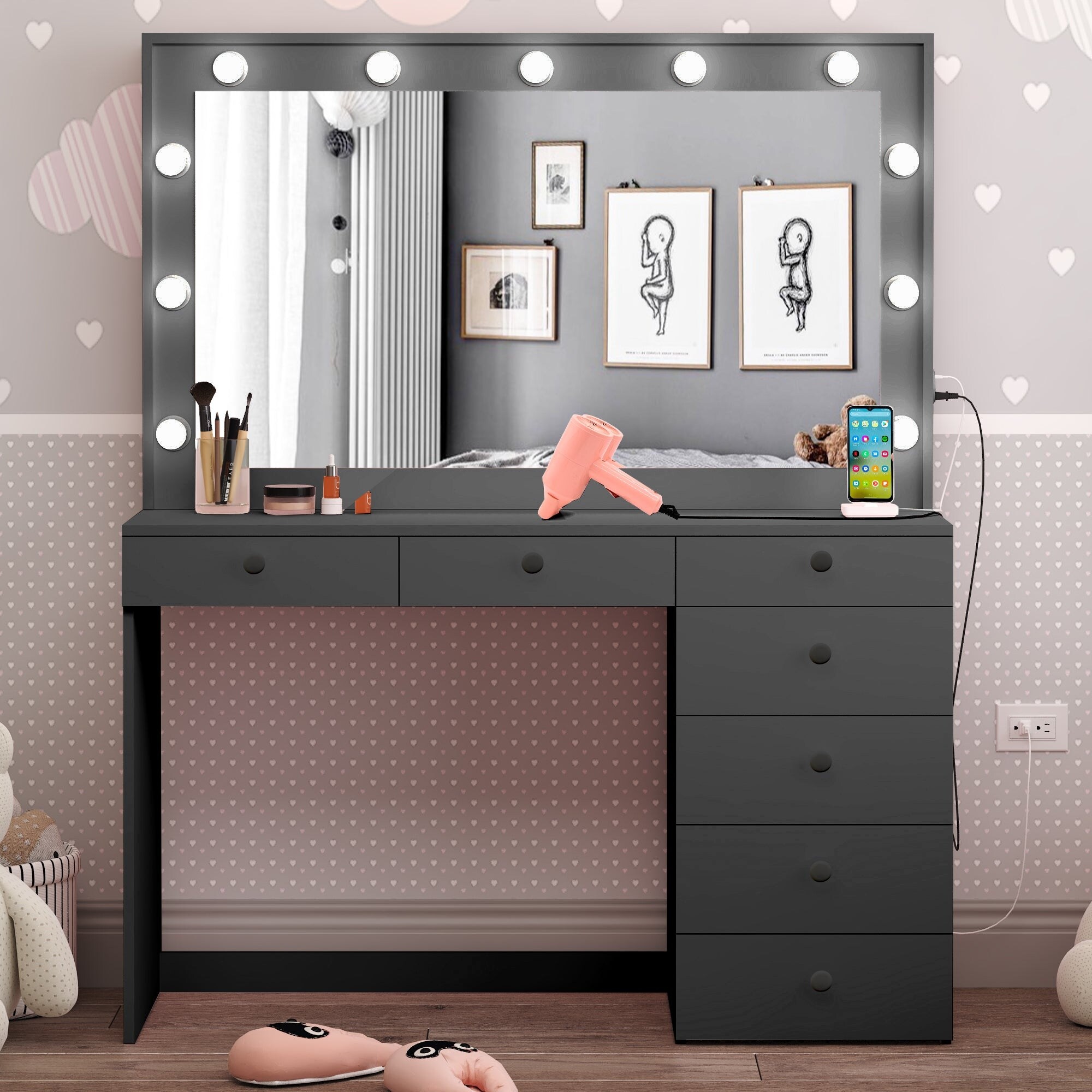Boahaus Diana Vanity Light Bulbs Black Wide Mirror 7 Drawers