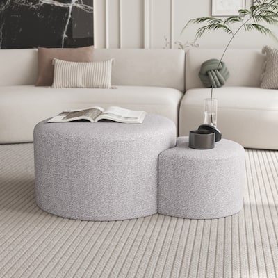 Upholstered Nesting Coffee Table Set of 2, Round Fabric Coffee Tables, Modern Side Tables Accent End Table Footrest Ottoman